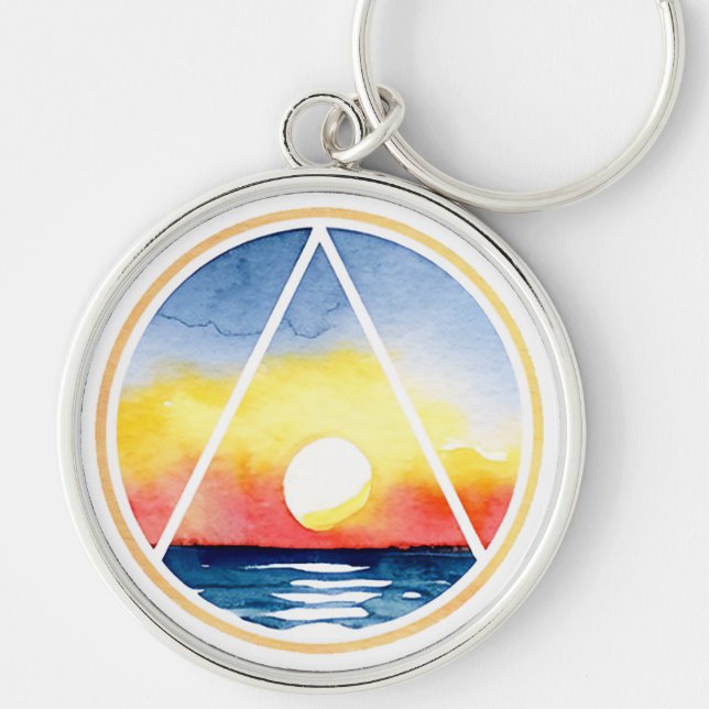 Sober Recovery Symbol Sunset Ocean Rund Silverfärgad Nyckelring (Framsidan)