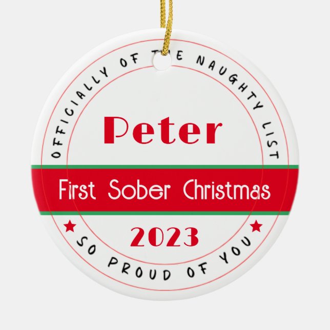 Sobriety Julafton Gift, anpassningsbar Namn Julgransprydnad Keramik (Framsidan)