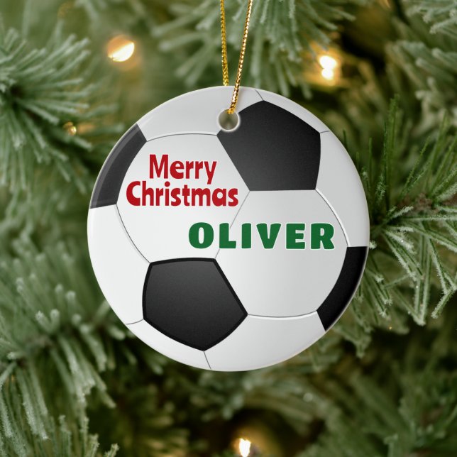 Soccer Ball Custom Name Merry Christmas  Julgransprydnad Keramik (Träd)