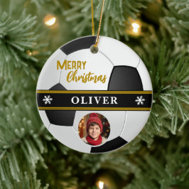 Soccer Ball Custom Name Merry Christmas Photo Julgransprydnad Keramik