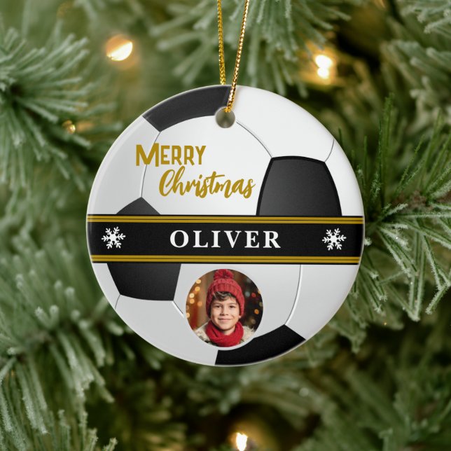 Soccer Ball Custom Name Merry Christmas Photo Julgransprydnad Keramik (Träd)
