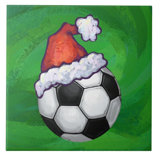 Soccer Ball Santa Hat på Grönt Kakelplatta (Framsidan)