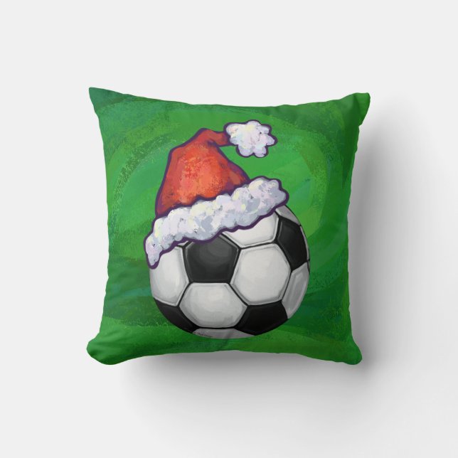 Soccer Ball Santa Hat på Grönt Kudde (Framsida)