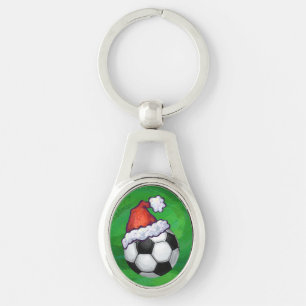 Soccer Ball Santa Hat på Grönt Ovalt Silverfärgad Nyckelring