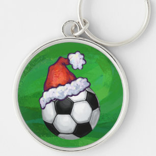 Soccer Ball Santa Hat på Grönt Rund Silverfärgad Nyckelring