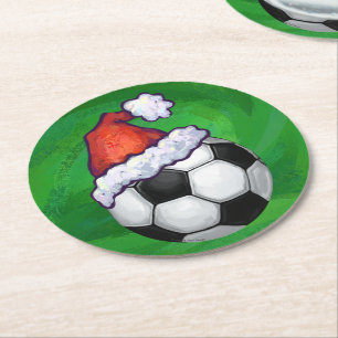 Soccer Ball Santa Hat på Grönt Underlägg Papper Rund
