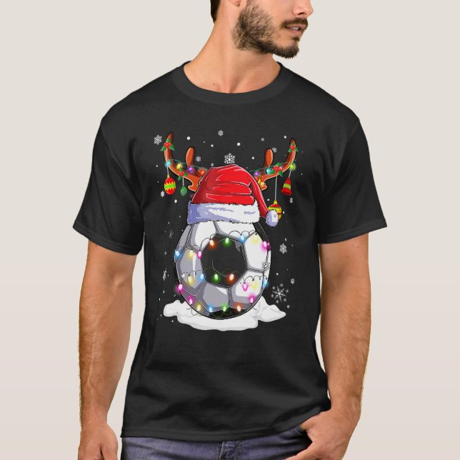 Soccer Ball Santa Hat Reindeer Christmas Lights Bo T Shirt (Framsida)