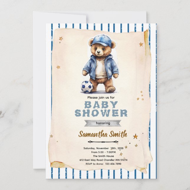 Soccer Bear Baby Shower Invitation Inbjudningar (Framsida)