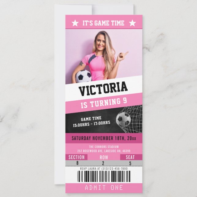 Soccer Biljett Sports Birthday-inbjudan | Rosa Inbjudningar (Framsida)