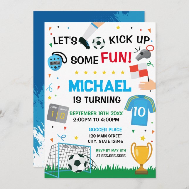 Soccer Birthday boy Invitation Inbjudningar (Fram/baksida)