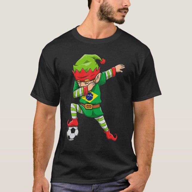 Soccer Boy Dabbing Elf Squad jul Brasilien Foot T Shirt (Framsida)