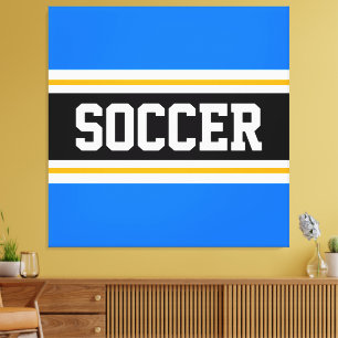 SOCCER Bright Blue Black White Gult Rand Canvastryck