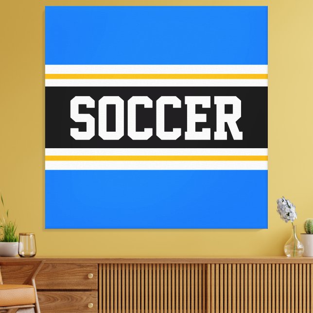 SOCCER Bright Blue Black White Gult Rand Canvastryck (Insitu (Vardagsrum))