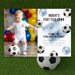 Soccer First Year Down 1st Birthday Party Inbjudningar