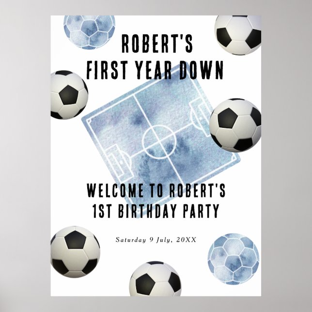 Soccer First Year Down 1st Birthday Party Poster (Framsidan)