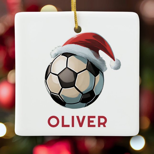 Soccer Football Ball Red Santa Hat Name Christmas  Julgransprydnad Keramik (Skapare uppladdad)