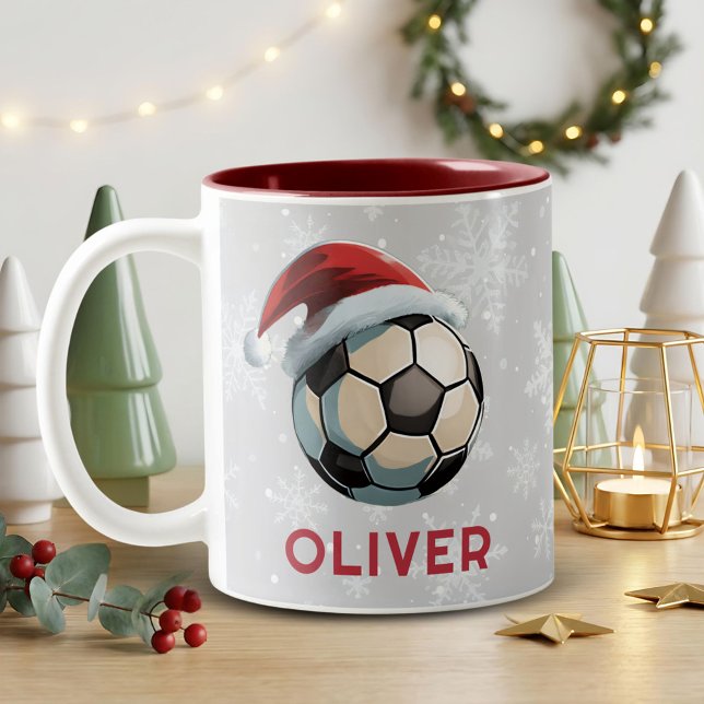 Soccer Football Ball Red Santa Hat Name Christmas  Två-Tonad Mugg (Skapare uppladdad)
