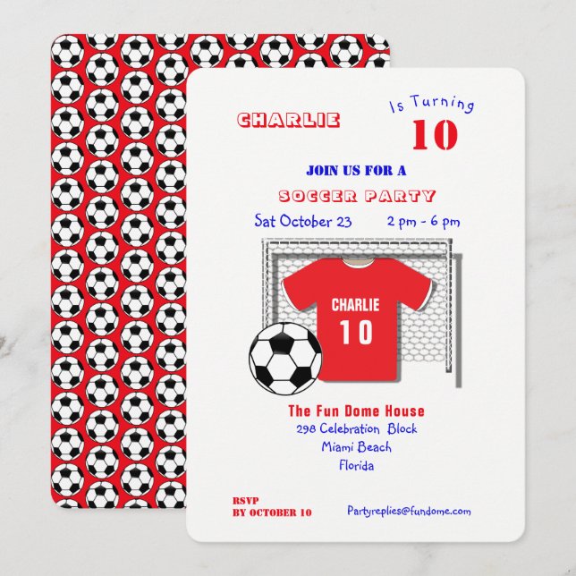Soccer Party Red Soccer Shirt Personlig Inbjudningar (Fram/baksida)
