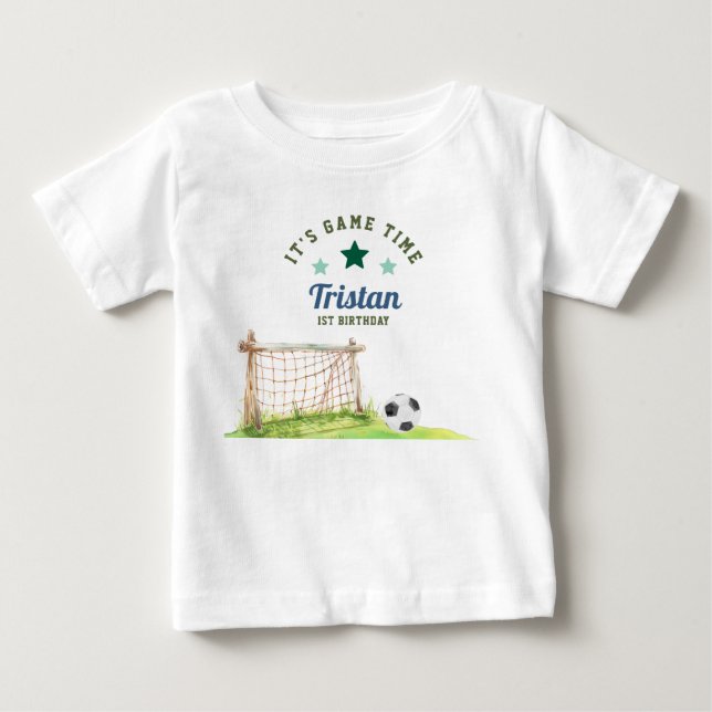 Soccer Rookie “It’s Game Time” First Birthday T Shirt (Framsida)