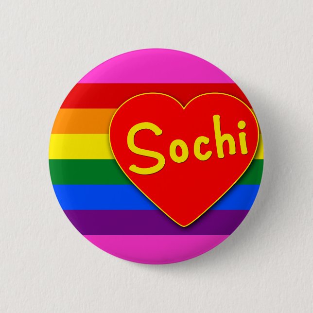 Sochi med hjärta- och gay prideflaggaregnbågen knapp (Framsida)