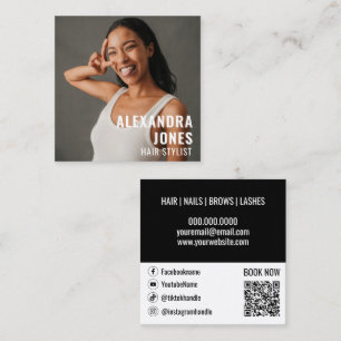 Social för svart svartvit QR-kod i hårstil Fyrkantigt Visitkort