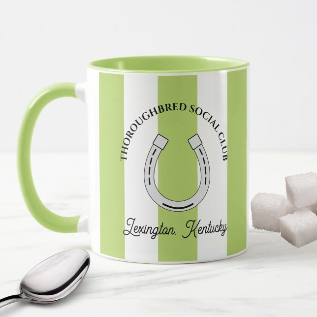 Social Klubb  Grönt Rand Horseshoe Mugg (Thoroughbred Horse Racing Social Club Custom Mug in Green Cabana Stripes)