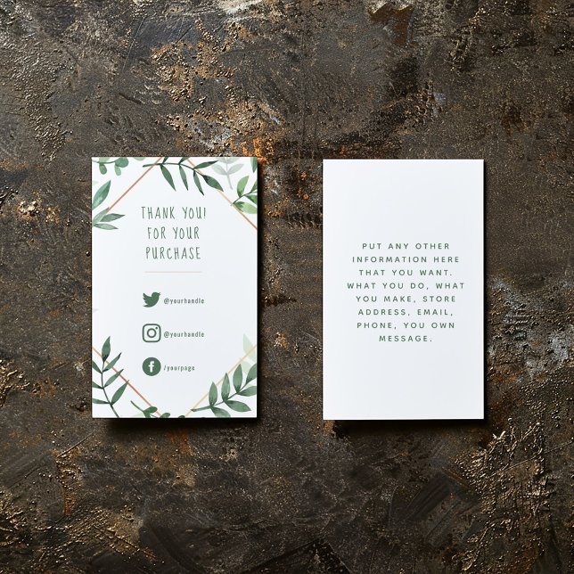 Social-länkar, grönt löv order infoga kort. tilläggskort (Green leaves and gold border, fun text enclosure card to say thank you to your customers.)