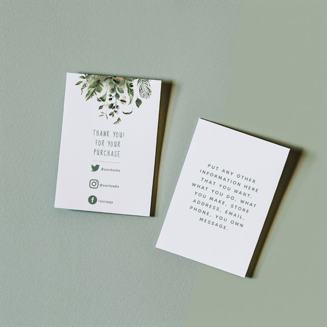 Social-länkar, grönt löv tack vare att du sätter i tilläggskort (Green leaves, colored social links and fun text thank you enclosure card for orders.)