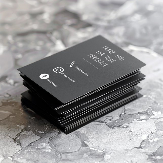 Social Länkar vitt på svartboksbedömning Tilläggskort (A modern black enclosure card that says "THANK YOU FOR YOUR PURCHASE" in a fun text and social icons)