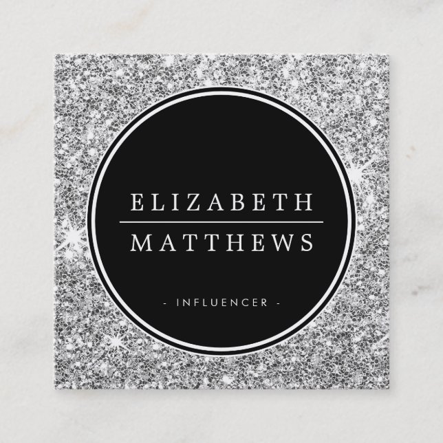 SOCIAL MEDIA Cirkel gräns svart silver glitter Fyrkantigt Visitkort (Framsida)