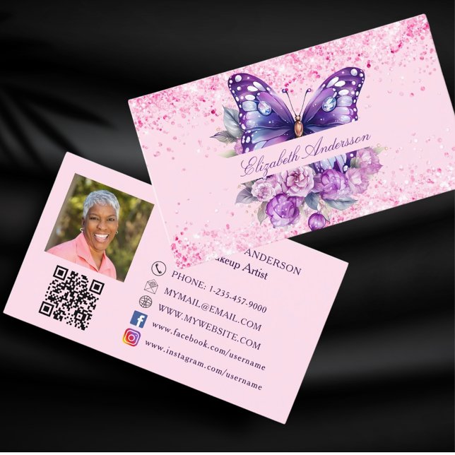 Social-media för Butterfly rosa lila QR-kodfoto Visitkort (Skapare uppladdad)