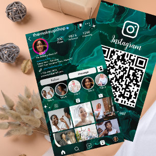 Social-media för Instagram Cute Grönt Marble QR Co Visitkort