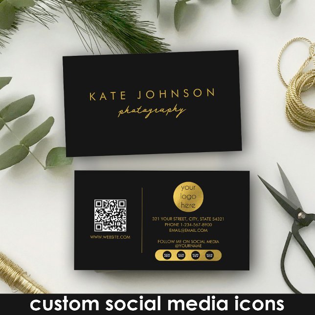 Social-media i Black Guld Luxury-skript QR-kod Visitkort (Black Gold Luxury Script QR Code Social Media Business Card)