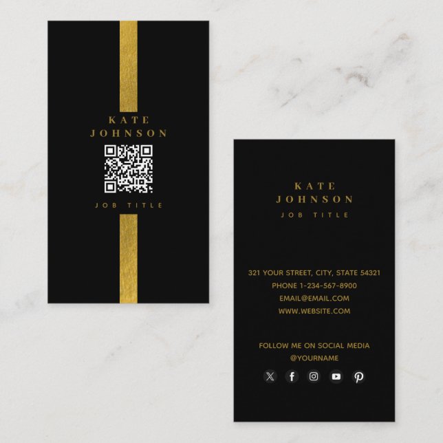Social-media i Luxury Black Guld QR Visitkort (Fram/baksida)