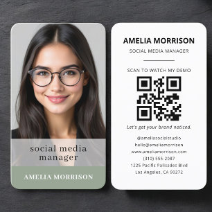 Social Media Manager Sage Green QR-kod Foto Visitkort