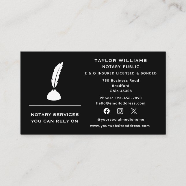 Social Media Mobile Notary Public Quill Feather Visitkort (Framsida)