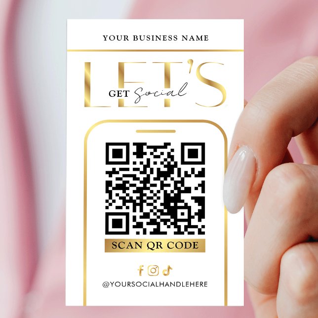 Social Media QR Code Glam Gold Logo QR Code Visitkort (Modern white and gold QR code business cards - great to promote your social media or website)