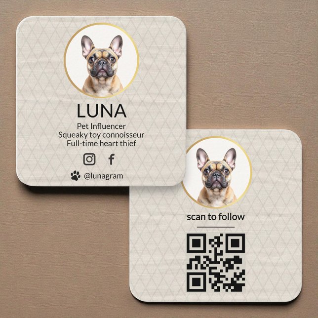  Social Media QR Code Gold Dog Pet Linen Photo  Fyrkantigt Visitkort (Skapare uppladdad)