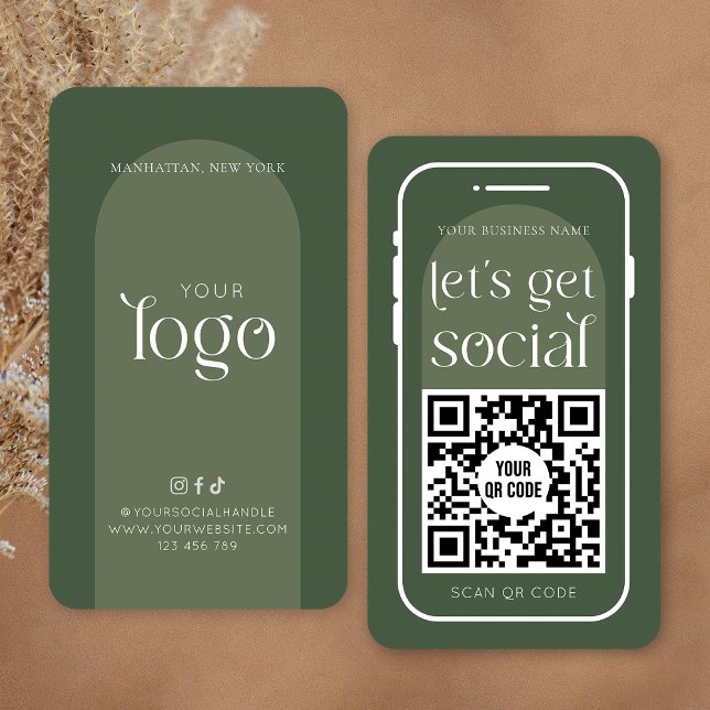 Social Media QR-kod Boho Sage Grönt Modern Logotyp Visitkort (Modern sage green QR code business cards with your logo and scannable URL code)