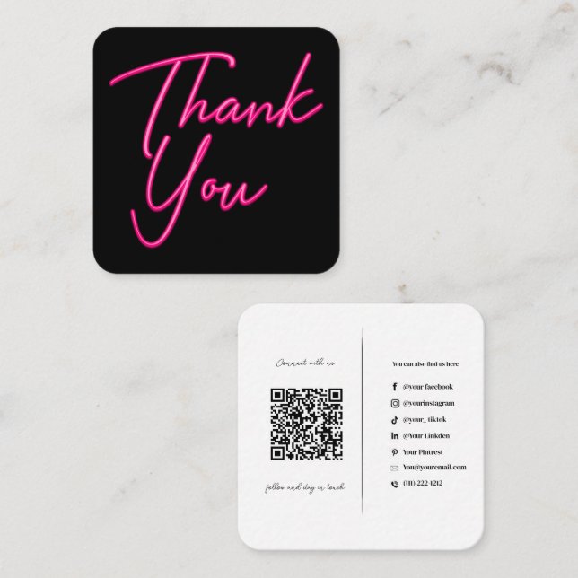 Social Media QR-kod Business Neon Rosa Tack Fyrkantigt Visitkort (Fram/baksida)
