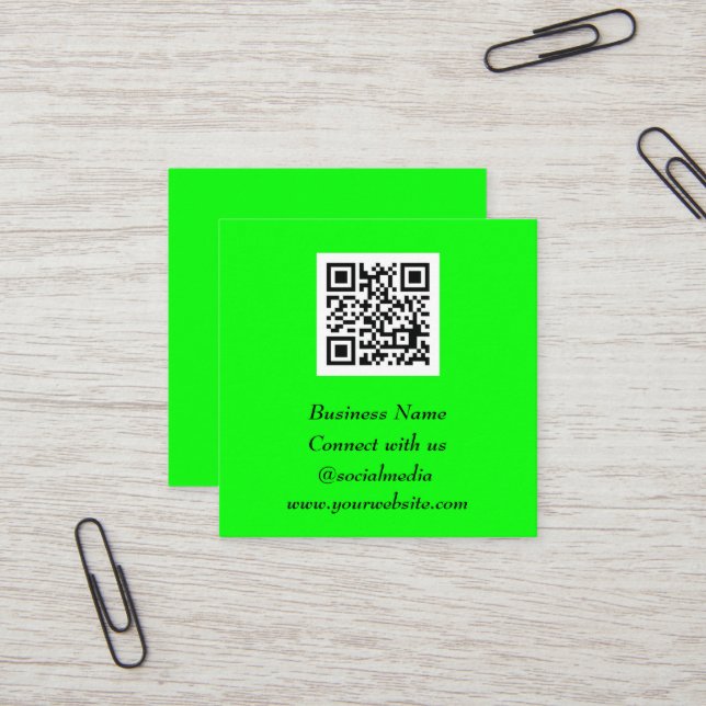 Social media QR-kodskanningsbar fluorescerande Grö Fyrkantigt Visitkort (Fram/Back In Situ)