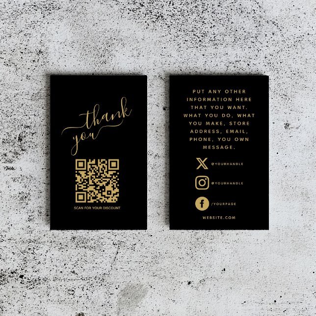 Social QR-kod guld tack insert-kort Tilläggskort (Elegant black thank you insert card with gold script, QR code, and social media details.)
