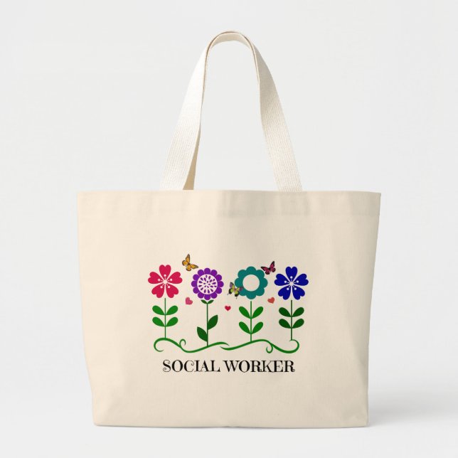Social Worker...Blommor, hjärtan och fjärilar Jumbo Tygkasse (Framsidan)