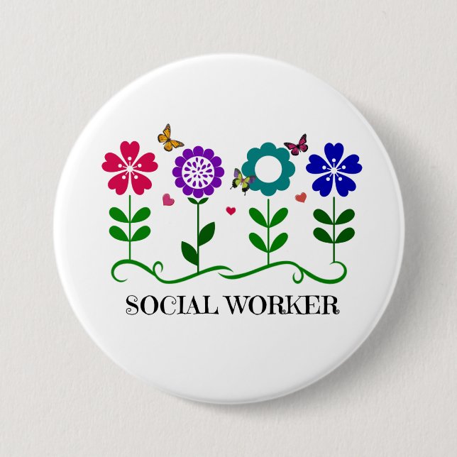 Social Worker...Blommor, hjärtan och fjärilar Knapp (Framsida)