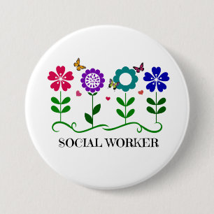 Social Worker...Blommor, hjärtan och fjärilar Knapp