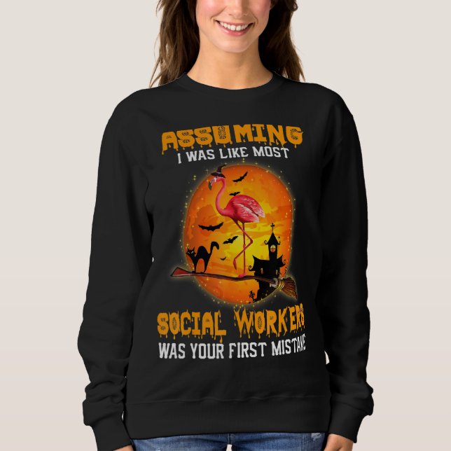 Social Worker Flamingo Witch Riding Broom Hallowee T Shirt (Framsida)