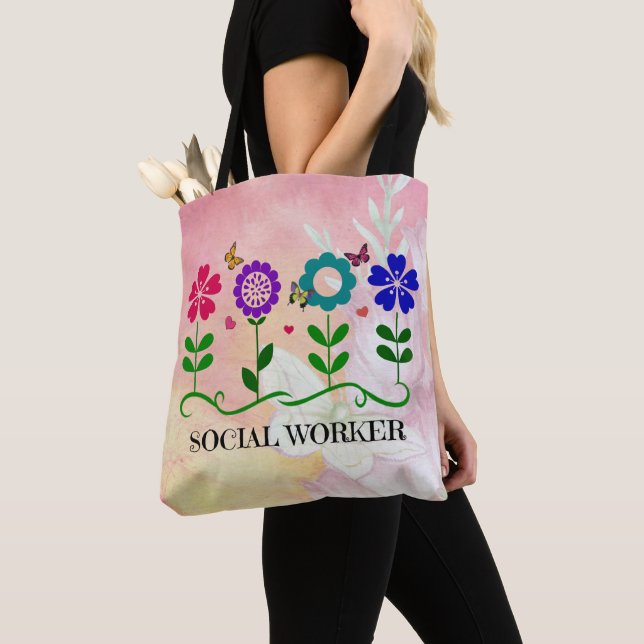 Social Worker, grafikblommor Tygkasse (Närbild)