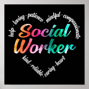 Social Worker Heart Ord Cloud Watercolor Rainbow Poster