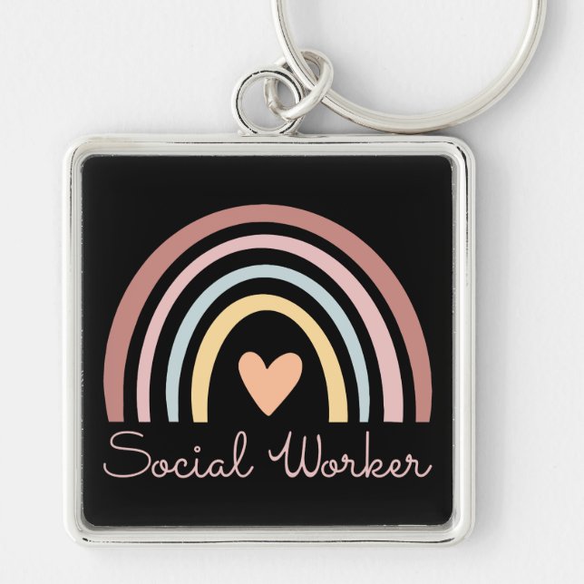 Social Worker II Fyrkantig Silverfärgad Nyckelring (Framsidan)