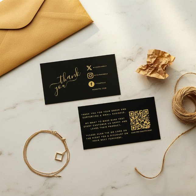 Sociala ikoner QR-kod svart/guld tackrabatt Tilläggskort (Social icons QR code black/gold thank you discount Enclosure Card.)